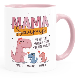 SpecialMe® Tasse Dino Mamasaurus Bonus Mama personalisiert mit Namen Geschenke von 1 2 3 4 Kindern Muttertag weiss-innen-rosa standard