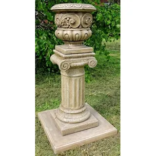 Casa Padrino Barock Blumentopf mit Säule Grau Ø 39 x H. 110 cm - Prunkvoller Pflanzentopf mit Gartensäule im Barockstil - Barock Garten Deko Accessoires