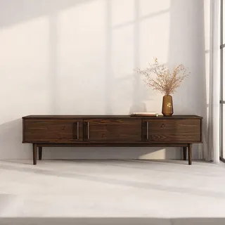 IDIMEX Lowboard TECCA 180 cm, Nussbaum Finish – niedriges Sideboard mit Stauraum, TV Schrank mit 3 Türen aus Massivholz, Mid Century Wohnzimmermöbel