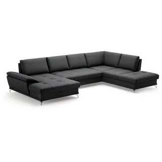 Cavadore Wohnlandschaft Castiel mit Federkern / Sofalandschaft mit XL-Longchair, Sitztiefenverstellung, satinierten Metallfüßen / 363 x 89 x 223 / Echtleder, Schwarz