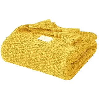 Wohndecke Kuscheldecke Gestrickte Strickdecke,Sofadecke,Tagesdecke, BTTO, Quasten,Weich,Warm,für Bett Sofa und Couch gelb 130 cm x 170 cm