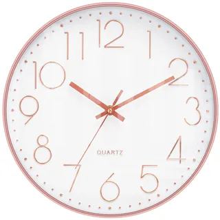 LENAUQ stille Wanduhr, 12-Zoll batteriebetriebene Nicht tickende arabische Ziffer Uhr, runde dekorative Uhr für Home Kitchen Cafe Hotel Office Decor (Weiß-Roségold)