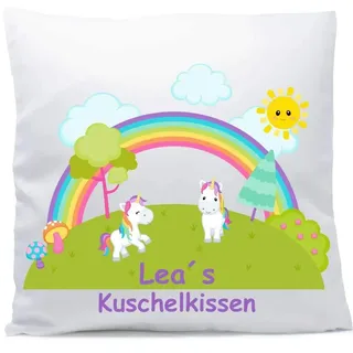 Kissen mit Namen Geburt Regenbogen Einhörner 40x40 cm inkl. Füllung Kuschelkissen, Kissen Farbe:Vorderseite weiß/RS schwarz