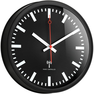 TFA Dostmann Funk-Wanduhr, 60.3513, leises Uhrwerk, Stil Einer Bahnhofsuhr, Funkuhr, genau, schwarz, L 250 x B 42 x H 250 mm