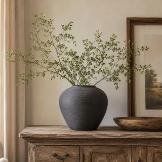Rustikale schwarze Keramikvase mit strukturierter Oberfläche, große runde Terrakotta-Vasen für Bauernhaus, Heimdekoration, breite Öffnung, Vintage-Keramikvasen für Wohnzimmer, Küche, Tischdekoration