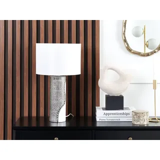 BELIANI Tischlampe Silber und Weiß Porzellanfuß Stoffschirm Braun Kabel mit Schalter Moderner Minimalistischer Glamouröser Stil