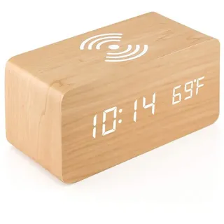 RANRAO LED Digitaluhr mit Kabellosem Laden, Digitaler Wecker aus Holz, Drahtloser LED-Alarm, Radiowecker Kabelloses Laden, Digitale Holzuhr, Temperatur Anzeige, Nachttisch LED-Uhr für das Zuhause Büro