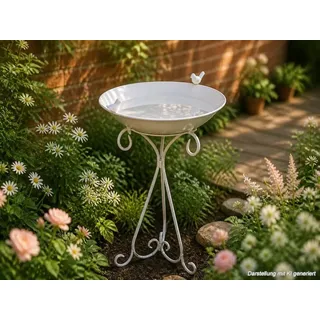 Große Stand-Vogeltränke Vogelbad "2 Vögelchen" Shabby Chic 68cm hoch Aluminiumguss weiße Wassertränke auf Standfuß - Weiß