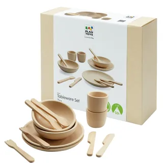 PlanToys® Kindergeschirr Holz – 12-TLG | Spielgeschirr für Kinderküche | Montessori-Spielgeschirr Holz ab 2 Jahren: 12 Teile für 2 Gedecke – Teller, Schalen, Tassen & Besteck. Ideal für Kinderküche