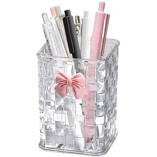 BellaBlend Acryl Stiftehalter für Schreibtisch, Klarer Stifteorganizer Makeup Pinselbecher Halter mit Schleifen-Dekoration, Schulaccessoires für Lehrer, Geschenkidee Stifthalter (Transparent)