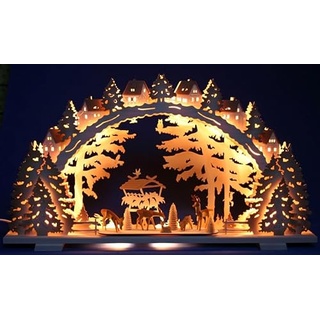Großer LED 3D Schwibbogen Wildfütterung mit geschnitzten Rehen, 70cm x 40cm - Handarbeit aus dem Erzgebirge - Schwibbogen Weihnachten