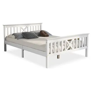 Holzbett 140x200 cm aus Kiefer mit X-förmigem Kopfteil und Stauraum - modernes Design für Kinder und Jugendliche Weiß