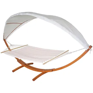 Hängematte HWC-J47, Hängeschaukel bis 200kg Sonnendach MVG-Holzgestell 420cm 2 Personen - braun, Creme-weiß