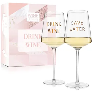 ILP 2er Weinglas 550ml Set XXL Weinglas Geschenkset Wein Geschenk mit witzigem Weinglas Spruch „Save Water Drink Wine“ - Geschenkset Wein für Paare Frauen Männer