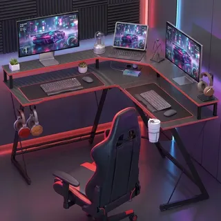 Homcom Gaming Tisch L Form Computertisch mit Steckdosen, USB-Anschlüssen | Schwarz