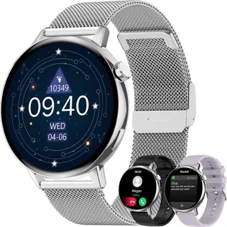 Smartwatch für Damen und Herren, rund, Anruf und Antwort von Benachrichtigungen, Sportuhr, Schrittzähler mit Herzfrequenzmesser Android iOS