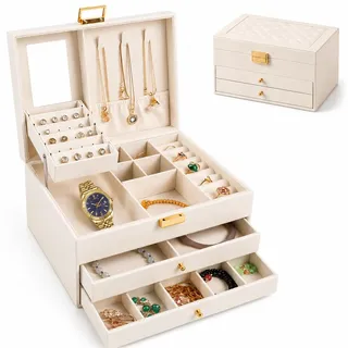 Schmuckkästchen Groß, 3 Ebenen Schmuckschatulle mit Spiegel für Damen | 2 Schubladen, Schmuckaufbewahrung für Damen, PU-Leder Schmuckkoffer für Halsketten, Ohrringe, Armbänder und Ringe