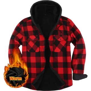 ASKSA Herren Winterjacke Kariert Fleecefutter Jacke Outdoor Strickjacke mit Kapuz Fleecejacke, Rot, S - Rot - S