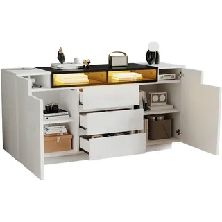 STILVORA Sideboard 140x40x68 cm Weiß+Schwarz mit 2 Türen 3 Schubladen und LED-Beleuchtung Hochglanzfront verstellbare Trennwände halboffene Fächer