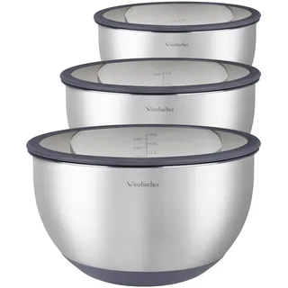 Winzbacher - Schüssel Set aus 304 Edelstahl mit GLAS-Deckel [3er Set] 1l + 2.5l + 4.5l | Rührschüssel, Salatschüssel, Schüsselset, | rutschfest | stapelbar | Spülmaschinenfest