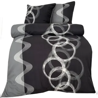 Leonado Vicenti Bettwäsche Thermofleece 135x200 + 80x80 cm grau schwarz Kreise Streifen mit Reißverschluss / 2 tlg.