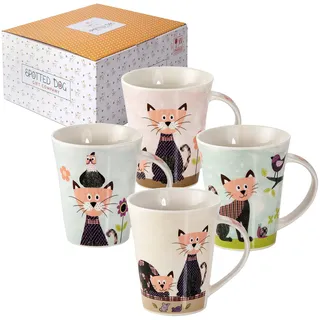 SPOTTED DOG GIFT COMPANY Katze Tassen Set 4er 360ml Porzellan Katzentasse – Süße & bunte Kaffeebecher & Kaffeetassen mit Katzen-Motiv | Geschenk für Katzenliebhaber & Frauen, Männer