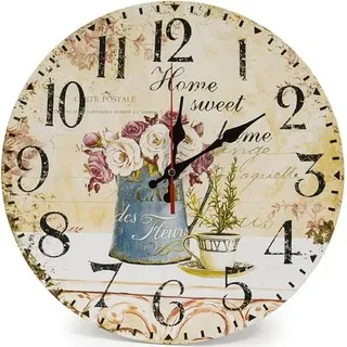Pair Vintage-wanduhr Im Rustikalen Stil, 34 Cm, Geräuschlose Timer-uhr Mit Holzzifferblatt (kaffee Und Blume)