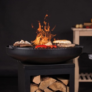 KAMELUN Feuerschale mit Grill und Holzfach Stahl Mattschwarz