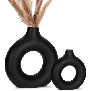 Donut Vase Schwarze für Pampasgras, Keramik Vase Moderne Deko Kunst Vase Runde Form Vase, Handmade Vase Matt, Abstraktion Blumenvase für Wohnzimmer Büro Dekoration (S+M)