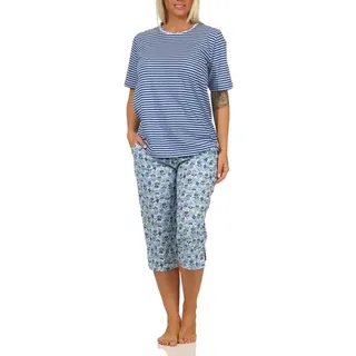 normann-wäschefabrik Eleganter Damen Capri Pyjama Schlafanzug mit Spitzenbesatz Blau 60-62