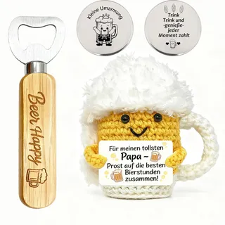 3-teiliges Bier Geschenke für Männer Emotional Support Bier Geschenkset | 1 Handgestrickte Bier Puppe, 1 Flaschenöffner & 1 Glücksbringer Münze, Anti Stress Gestrickte Pocket Hug Vatertag Geburtstag