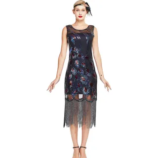 MISSCHEN 1920s Kleid Damen Pfau Muster Flapper Charleston Kleid Gatsby Pailletten Quasten Saum Cocktail Flapper Abschlussball Kleid YLS019 S Schwarz mit grau Fransen - S