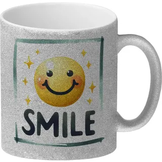 Smile Emoticon Glitzer-Kaffeebecher Mit Gesicht Lächeln Tasse Perfekt als Symbol für eine positive Aussage Text auf beiden Seiten