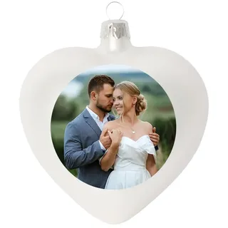 Weihnachtskugel in Herzform individuell mit ihrem Text oder Foto Bedruckt - Ø 9cm aus Glas - Christbaumkugel mit Digitaldruck (Seidenmatt) (Weiss, 1)