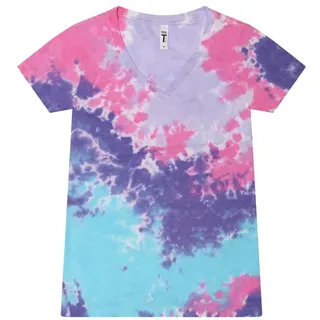 Colortone Batik V-Neck T-Shirt Damen XS-3XL | Batik Damen Tops Sommer mit verschiedenen Mustern | Basic Shirt Damen aus Baumwoll-Mix | Handgefärbtes Design Frauen Mädchen | Cotton Candy, XS - XS