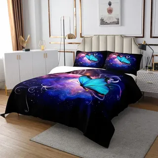 Dreamlike Blauer Schmetterling Tagesdecke,Farbenfrohen Ästhetischen Fliegenden Schmetterlingen Gesteppt Mystery Tagesdecke,Aquarell Tagesdecke Quilt-Set für Kinder Mädchen Frauen Erwachsene,170x210