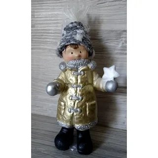 Winterkind-Junge m. Strickmütze--Weihnachtsdeko-gold/grau-Deko Figur-Tischdeko *
