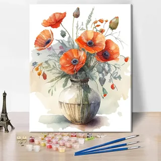 TISHIRON Blumenstrauß Malen nach Zahlen für Erwachsene - Mohnblumen in Vase, 40x50 cm Aquarell-Stil DIY-Kunstset auf Leinwand für Anfänger (ohne Rahmen)