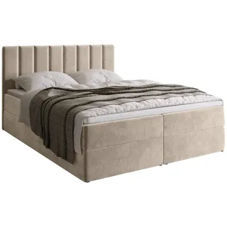 BROMARKT Boxspringbett mit Matratze 160x200cm Bett mit Topper Hellbeige | Polsterbett mit Bettkasten Doppelbett für Schlafzimmer gepolsterte Kopfstütze Bed Bonell Härtegrad H3 DENVER