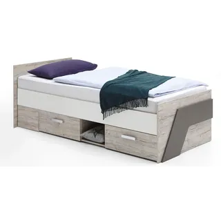 Funktionsbett FMD "Nona", rot (sandeichefarben, abgesetzt weiß, lavafarben), B:94,6cm H:52,7cm L:204,5cm, Daybetten, mit Stauraum
