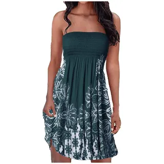 EMATOP Damen Boho Kleid Bandeau Sommerkleid Elegant Kurz Freizeitkleid Trägerlos Ärmellos Party Strandkleid Cocktailkleid Farbverlauf Blumen Druck Minikleid Stretch Hohe Taille Faltenkleid - S
