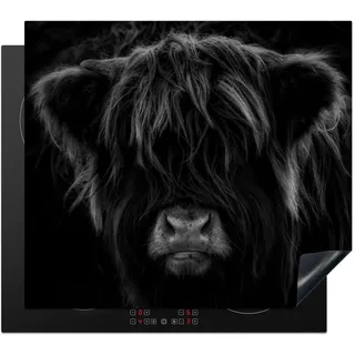 KitchenYeah© Herdabdeckplatte Einteilig Küche Herdabdeckung Induktionsfeld Glaskeramikkochfeld Herdabdeckplatten Vinyl Matte Aufrollbar Schottisches Hochlandrind - Kuh - Schwarz und Weiß - Tiere - 60x52 cm