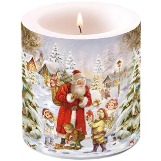 Ambiente Kerze Stumpenkerze Wachswindlicht 9 cm hoch Brenndauer ca 35h Weihnachtsmann bringt den Kindern Geschenke Advent Weihnachten Dekorationskerze