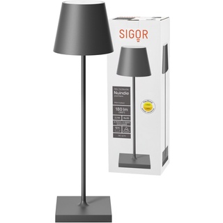 SIGOR Nuindie - Dimmbare LED Akku-Tischlampe Indoor & Outdoor, IP54 spritzwassergeschützt, Höhe 38 cm, aufladbar mit USB-C, 12 h Leuchtdauer, graphitgrau