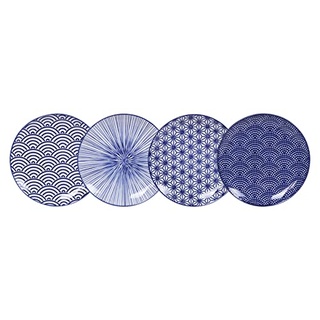TOKYO Design 4er Set Speiseteller Porzellan mit verschiedene Designs in blau 16 cm, Japanisches Porzellan Servierplatten/Pastateller/Frühstücksteller/Salatteller