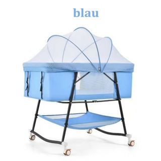TPFLiving Beistellbett rollbares Babybett Reisebett mit Moskitonetz und Aufbewahrungskorb, Babybett mit Aufbewahrungskorb und Mückenschutz und Wiegefunktion blau