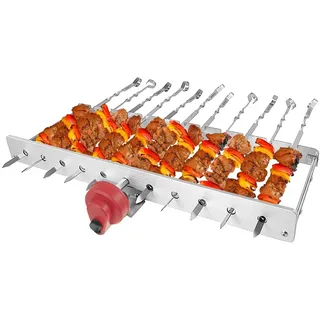 RAMBO Grillaufsatz mit Motor inkl. 12 Spieße + Powerbank, Drehspieße aus Edelstahl, Schaschlikgrill, Mangal