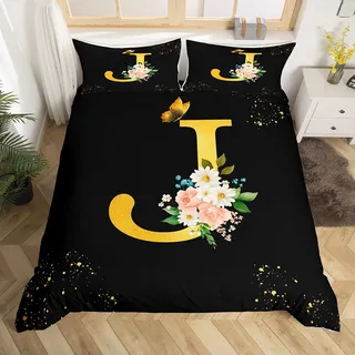 Homemissing Blumen Floral Bettwäsche Set 135x200cm Schmetterling Bettwäsche-Set mit Reißverschluss Alphabet Personalisierte Initial Schwarz Goldener Buchstabe J Bettbezug mit 1 Kissenbezug