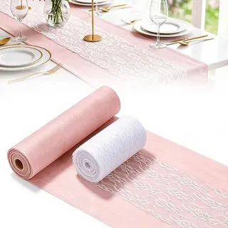 Elzusha – Tischdekorset, Rosa: Filz-Tischläufer und weiße Spitzenbänder - Rosa