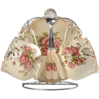 Yolife Englisches Elfenbein-Teetassen- und Untertassen-Set, Vintage-Teetassen und Untertassen-Set, Keramik-Teeservice-Set Mit Rosa Rosen, Blumen, mit Blattgoldrand und Ständer